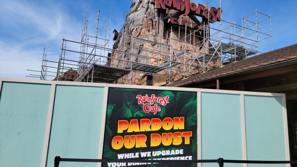 Rainforest Cafe Disney Springs is Open While Walls and Volcano Scaffolding is Up