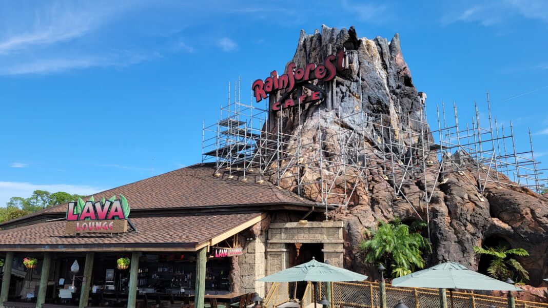 Rainforest Cafe Disney Springs is Open While Walls and Volcano Scaffolding is Up